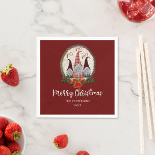 Merry Christmas Gnomes Red, Rustic, Plaid, Trendy Napkins