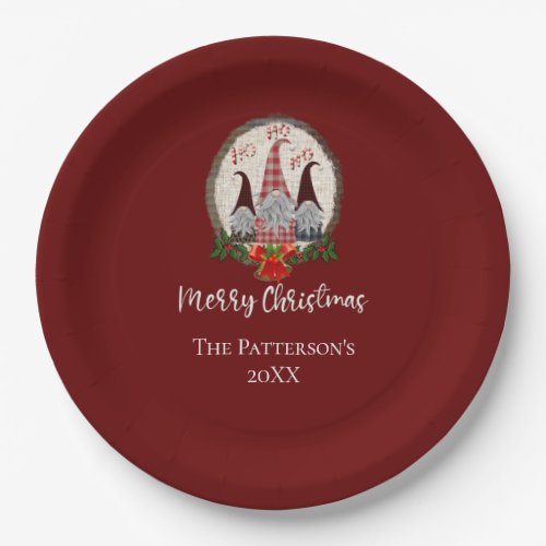Merry Christmas Gnomes Red Rustic Plaid Trendy Paper Plates