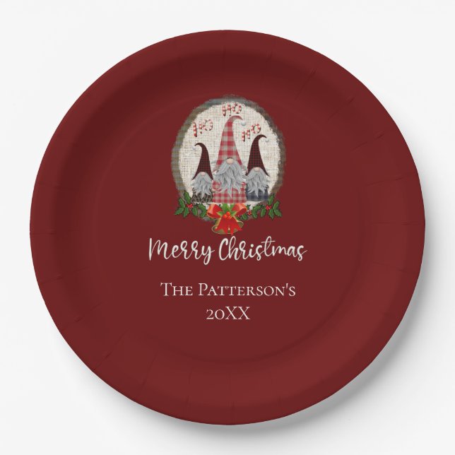 Merry Christmas Gnomes Red, Rustic, Plaid, Trendy Paper Plates (Front)