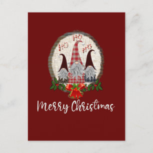 Merry Christmas Gnomes Red, Rustic, Plaid, Trendy Postcard