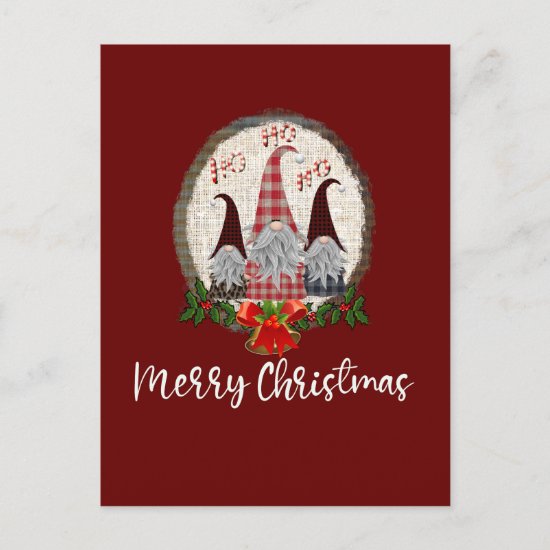 Merry Christmas Gnomes Red, Rustic, Plaid, Trendy Postcard
