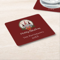Merry Christmas Gnomes Red, Rustic, Plaid, Trendy  Square Paper Coaster