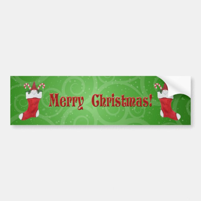 Merry Christmas Gnomes Red Stockings Green Swirls Bumper Sticker (Front)