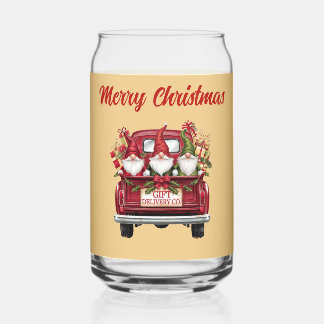 Merry Christmas Gnomes Red Truck Gold-Color Wrap Can Glass