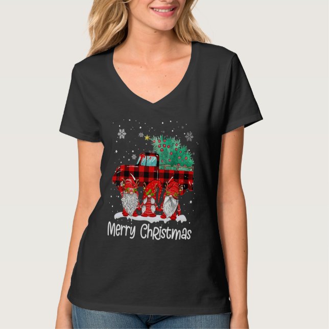 Merry Christmas Gnomes Santa Reindeer Plaid Truck  T-Shirt (Front)