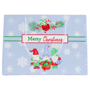 Merry Christmas Gnomes Snowflakes Blue Background Large Gift Bag