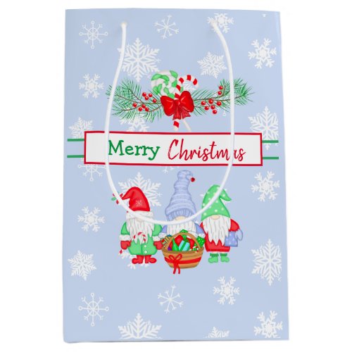 Merry Christmas Gnomes Snowflakes Blue Background  Medium Gift Bag