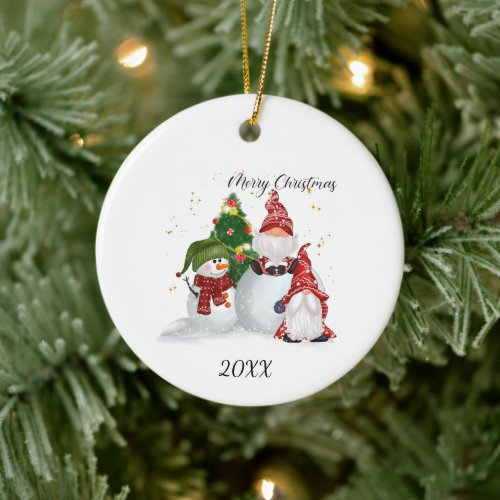 Merry Christmas Gnomes Snowman Ceramic Ornament