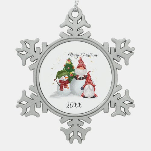 Merry Christmas Gnomes Snowman  Snowflake Pewter Christmas Ornament