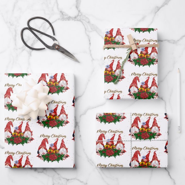 Merry Christmas Gnomes Trendy Adorable Holiday Wrapping Paper Sheets (Front)