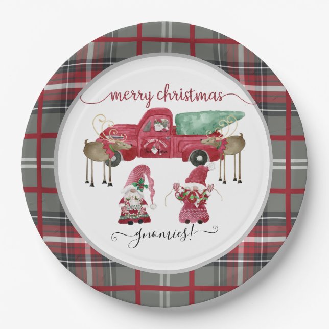 Merry Christmas Gnomies Gnome Red Plaid Watercolor Paper Plates (Front)