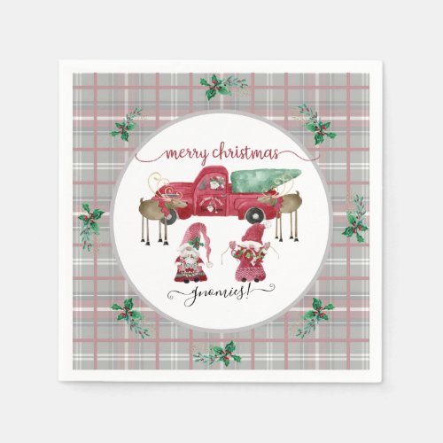 Merry Christmas Gnomies Gnome Red Truck Tree Farm Napkins