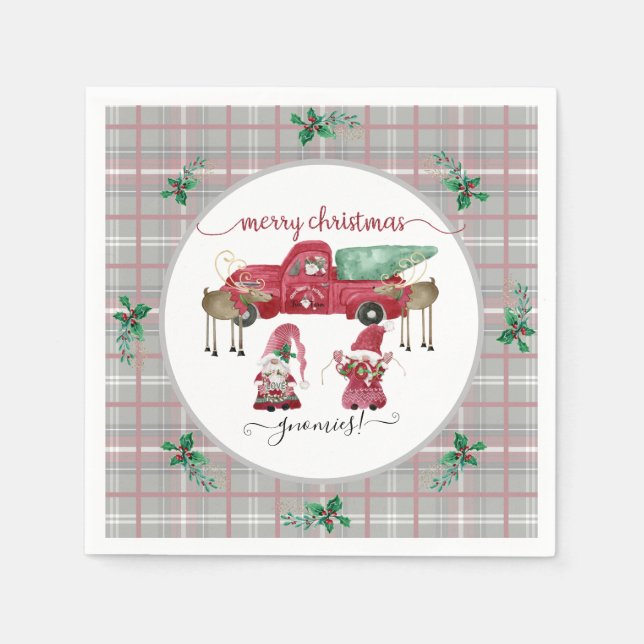 Merry Christmas Gnomies Gnome Red Truck Tree Farm Napkins (Front)