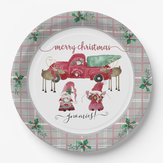 Merry Christmas Gnomies Gnome Tree Farm Watercolor Paper Plates (Front)