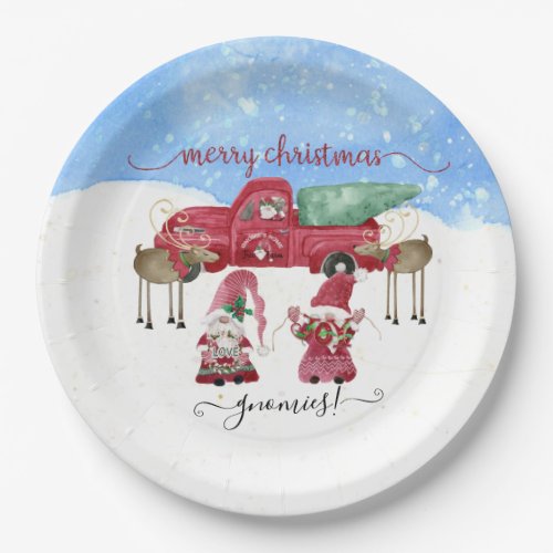 Merry Christmas Gnomies Snowy Tree Farm Watercolor Paper Plates