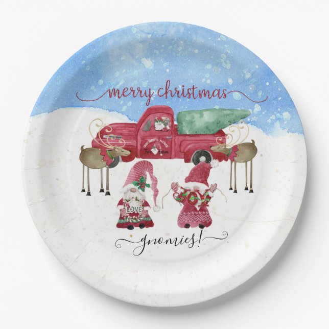 Merry Christmas Gnomies Snowy Tree Farm Watercolor Paper Plates (Front)