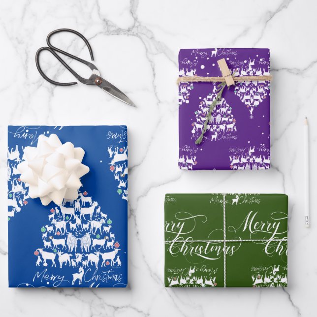 Merry Christmas Goat Christmas Trees Wrapping Paper Sheets (Front)