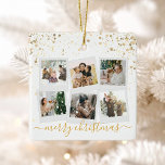 Merry Christmas Gold 6 Photo Collage Ceramic Ornament<br><div class="desc">Personalized Christmas ornament featuring a modern style photo collage with 6 pictures alongside elegant minimalist typography in gold color.</div>