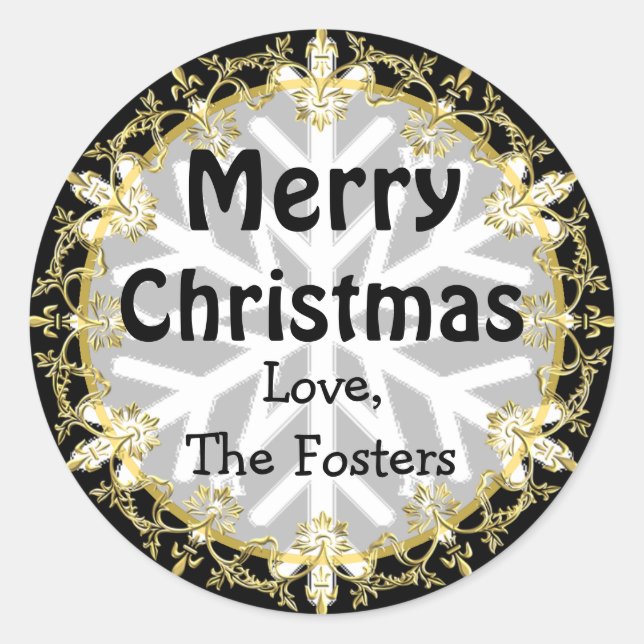 Merry Christmas Gold and Black Personalize Holiday Classic Round Sticker (Front)