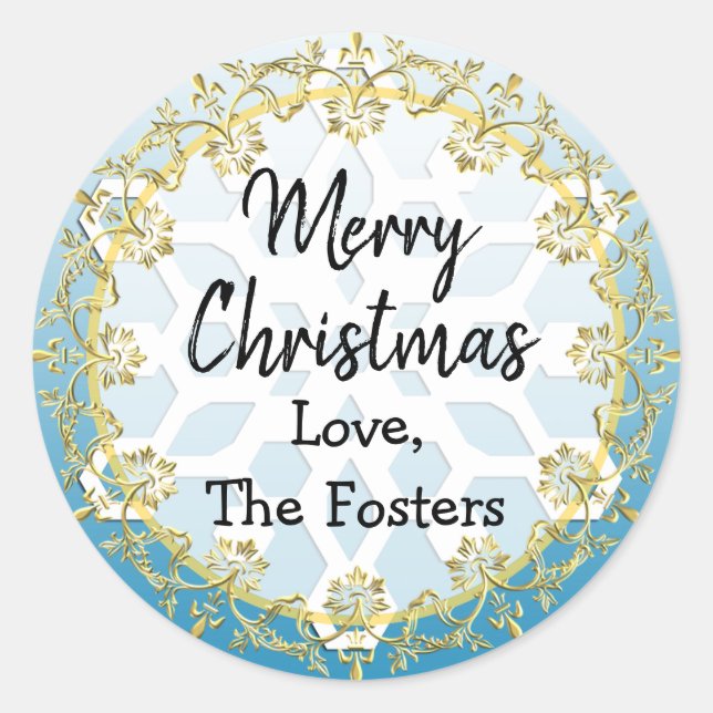 Merry Christmas Gold and Blue Personalize Holiday Classic Round Sticker (Front)
