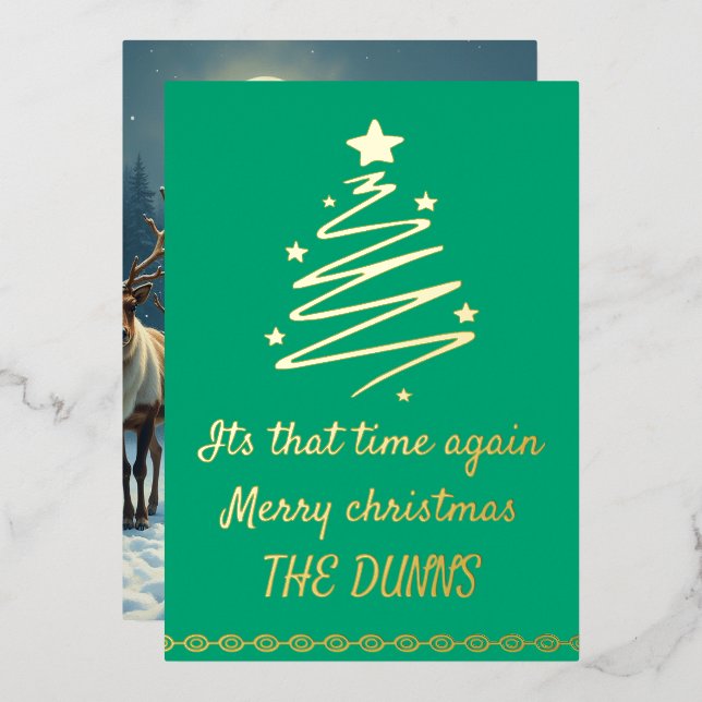 Merry christmas gold and green personalize foil holiday card (Front/Back)