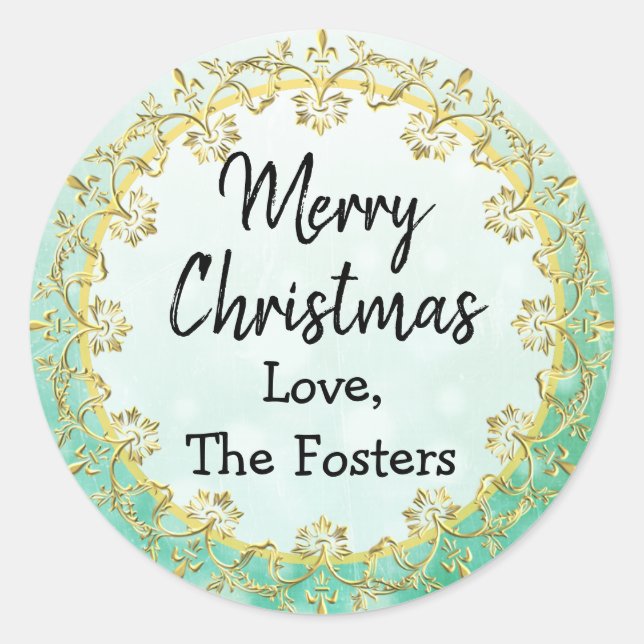 Merry Christmas Gold and Green Personalize Holiday Classic Round Sticker (Front)