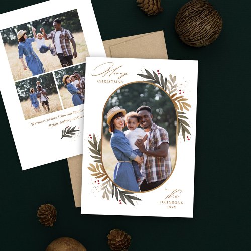 Merry Christmas Gold and Green Winter Floral Photo Holiday Card