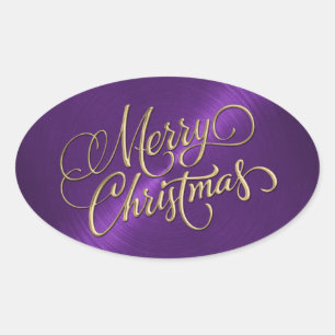 Merry Christmas Gold and Purple Embossed Look Oval Sticker
