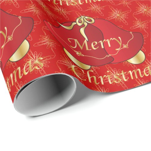 Merry Christmas Gold and Red Bells Wrapping Paper