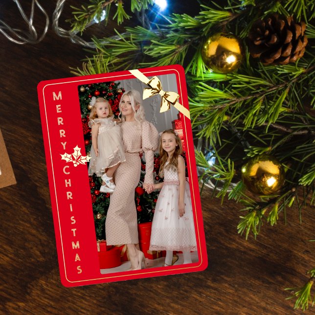 Merry Christmas gold and red family picture  Foil Holiday Card (Creator Uploaded)