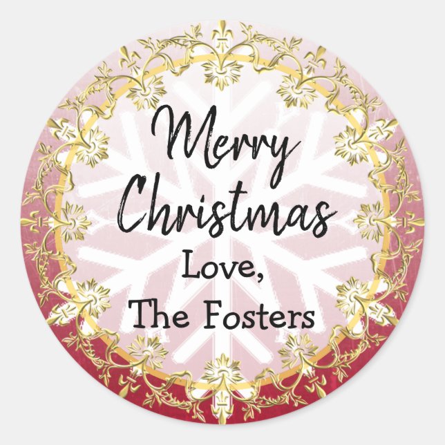 Merry Christmas Gold and Red Personalize Holiday Classic Round Sticker (Front)
