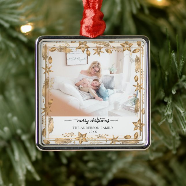 Merry Christmas Gold Arch Elegant Photo  Metal Ornament (Tree)