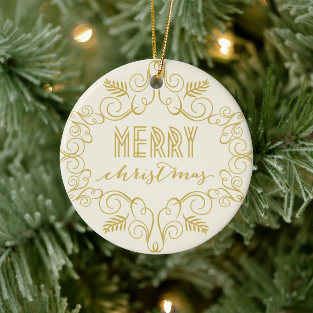 Merry Christmas Gold Art Deco Frame Holiday Photo Ceramic Ornament (Tree)