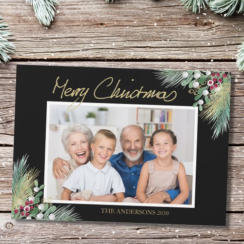Merry Christmas Gold Berries Photo Black Holiday Card