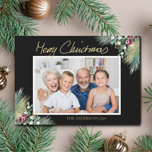 Merry Christmas Gold Berries Photo Black Holiday Card