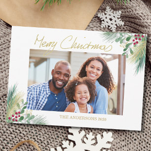 Merry Christmas Gold Berries Photo Christmas Holiday Card