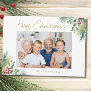 Merry Christmas Gold Berries Photo Christmas  Holiday Card