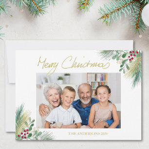 Merry Christmas Gold Berries Photo Christmas Holiday Card