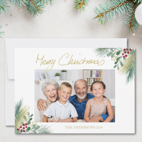 Merry Christmas Gold Berries Photo Christmas  Holiday Card