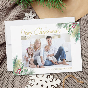 Merry Christmas Gold Berries Photo Christmas Holiday Card