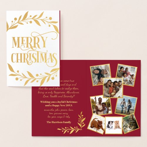 Merry Christmas Gold Berries Red Photo Collage Foil Card