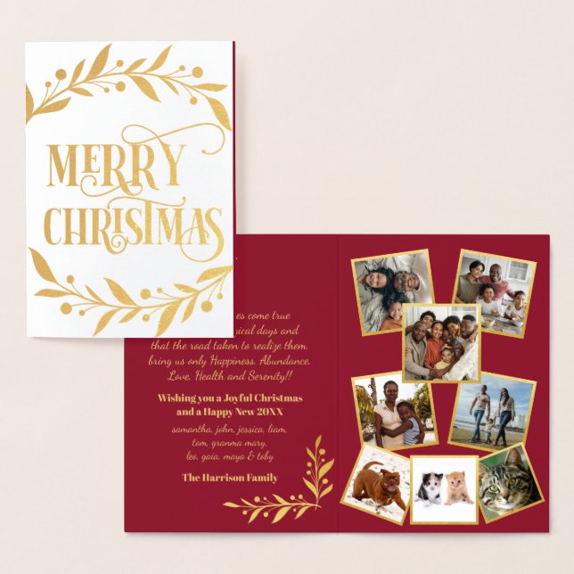 Merry Christmas Gold Berries Red Photo Collage Foil Card (Display)