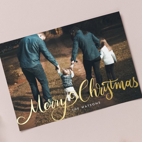 merry christmas gold big hand lettered photo foil holiday card