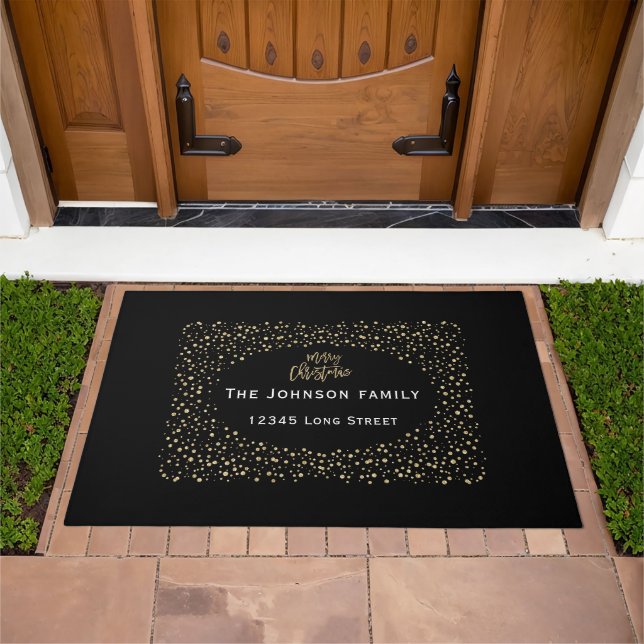 Merry Christmas Gold Black Glitter Dots Photo Doormat (Outdoor)
