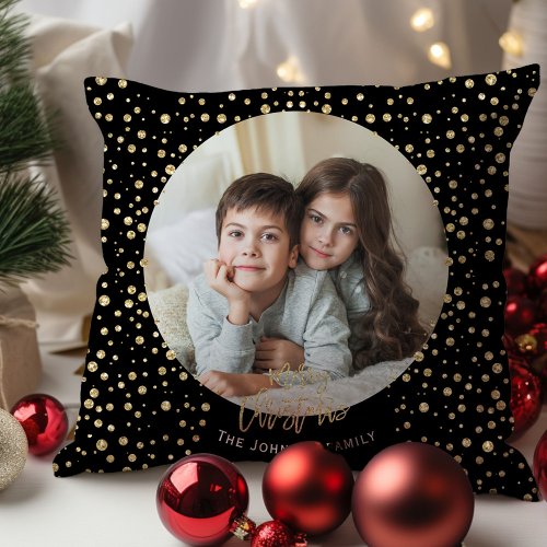 Merry Christmas Gold Black Glitter Dots Photo Throw Pillow