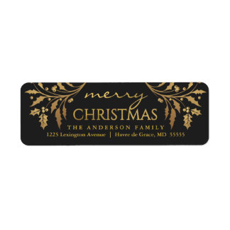 Merry Christmas Gold & Black Holly Return Address Label