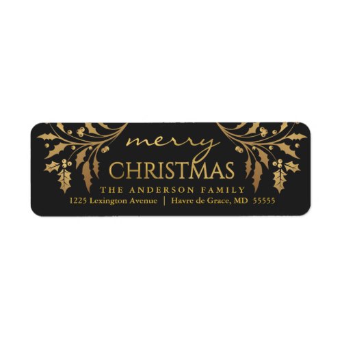 Merry Christmas Gold  Black Holly Return Address Label