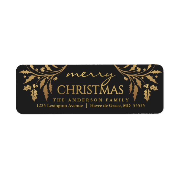 Merry Christmas Gold & Black Holly Return Address Label