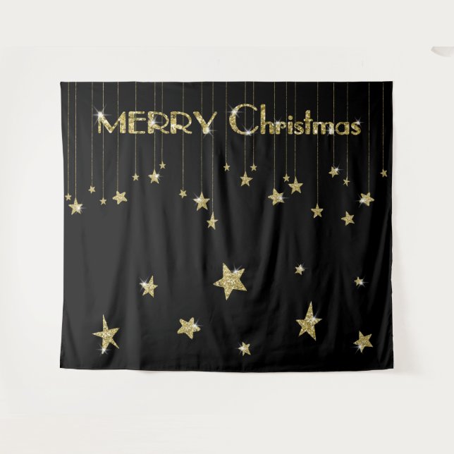 Merry Christmas Gold Black Photo Booth Backdrop (Front (Horizontal))
