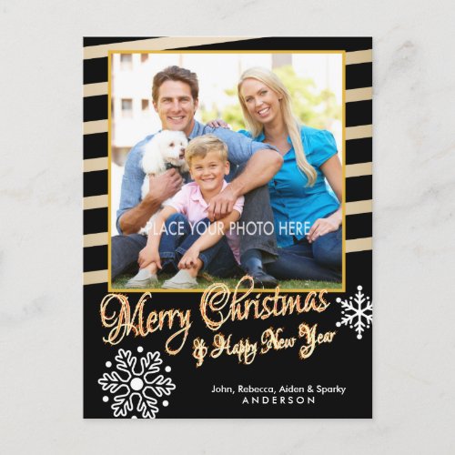 Merry Christmas Gold  Black Photo Christmas Holiday Postcard